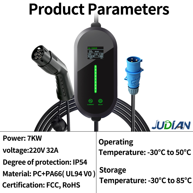 7KW Portable Electric Vehicle  - Portable Ev Charger 32A Type 2 Cee Plug recension och pris